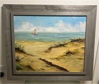 Vintage Oil Painting Sailboat Beach, Signed