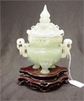 Chinese carved green jade lidded bowl