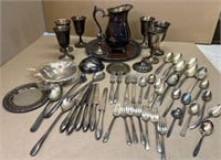Silver plate items, pitcher, platter, utensils,