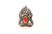 Antique Oriental coral & silver dragon pendant