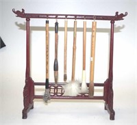 Chinese carved calligraphy brush stand & brushes