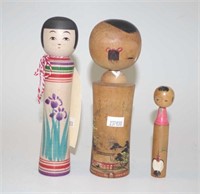 Three Japanese Kokeshi dolls
