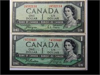 TWO 1954 CANADIAN $1 BILLS