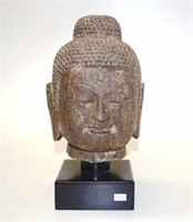 Good Cambodian carved stone Buddha head & stand