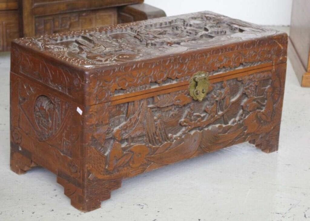 Chinese carved camphorwood trunk