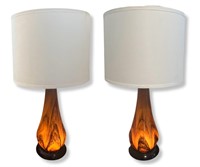 Pair Art Glass Amber Glowing Table Lamps