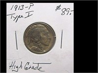 HIGH GRADE 1913-P TYPE I BUFFALO NICKEL
