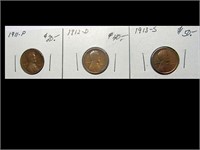 1911-P, 1912-D, 1913-S LINCOLN CENTS