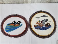 Pair of needlepoint loon and duck hanging art