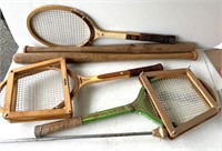 2 Vintage wood baseball bats, tennis rackets, etc.