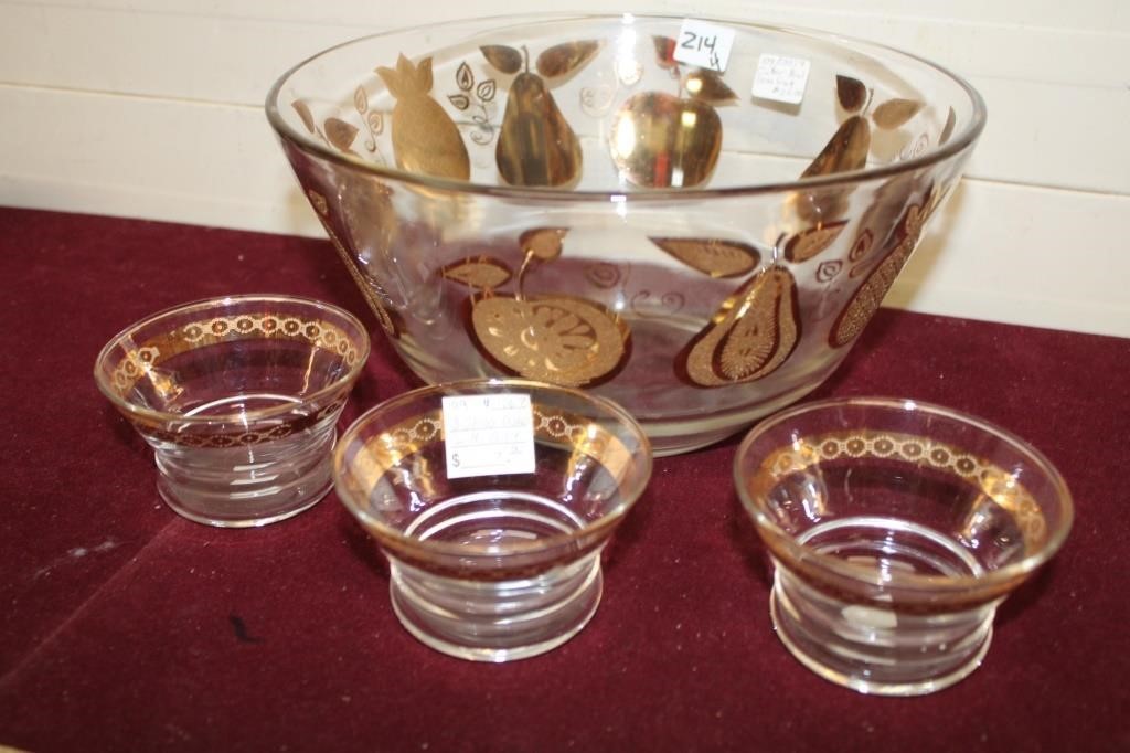 Gold Fruit Cutler Bowl & 3  M/C Fruit Bowls