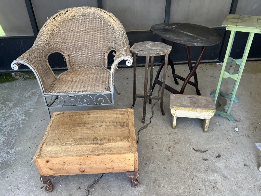 Wicker chair, side tables, etc.