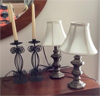 2 table lamps and pair of candlesticks