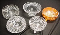 Four various glass bowls and a comport