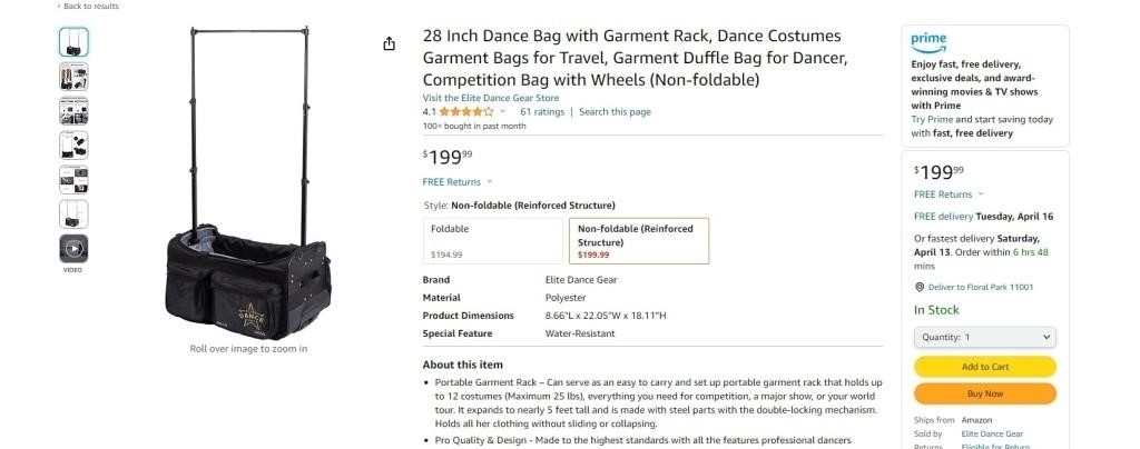 B7925 28 Inch Dance Bag with Garment Rack