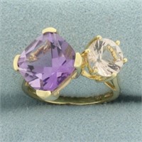 Morganite and Amethyst Toi Et Moi Ring in 14k Yell
