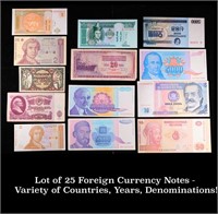 Lot of 25 Foreign Currency Notes - Variety of Coun