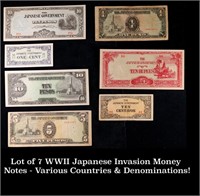 Lot of 7 WWII Japanese Invasion Money Notes - Vari