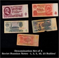 Denomination Set of 5 Soviet Russian Notes - 1, 3,