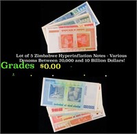 Lot of 5 Zimbabwe Hyperinflation Notes - Various D