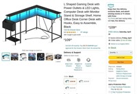 B2105  L Shaped Gaming Desk with Power Outlets