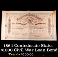 1864 Confederate States $1000 Civil War Loan Bond