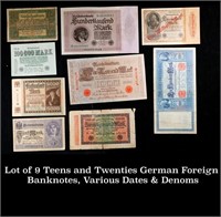Lot of 9 Teens and Twenties German Foreign Banknot