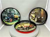 3 vintage tin classic car round trays