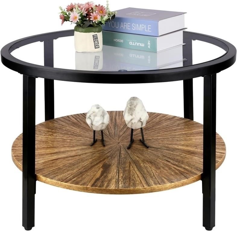 G744  Wood Glass Coffee Table Modern Round Storag