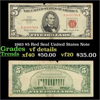 1963 $5 Red Seal United States Note Grades vf+