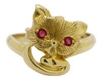 18kt Gold Natural Ruby Cat Motif Ring