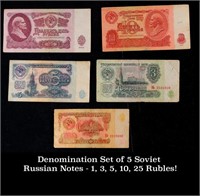 Denomination Set of 5 Soviet Russian Notes - 1, 3,