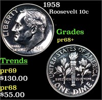 Proof 1958 Roosevelt Dime 10c Grades GEM++ Proof