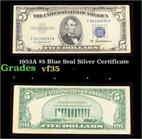 1953A $5 Blue Seal Silver Certificate Grades vf++