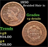 1850 Braided Hair Large Cent 1c Grades vg details