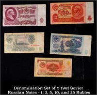 Denomination Set of 5 1961 Soviet Russian Notes -