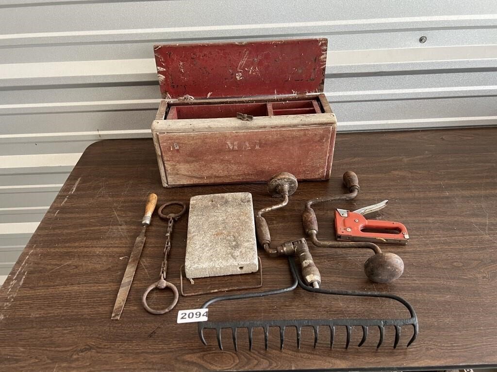 Antique Wood Tool Box, Tools