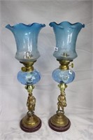 Pair of Blue Glass bowled kero light with