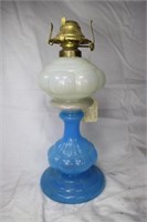 White Bowled blue glass stemed kero table light