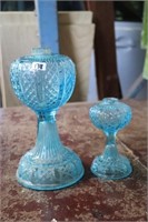 2 Blue Glass Bowl and stem with Matching Patt