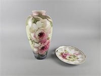 Vintage Handpainted Rose Vase & Cake Plate