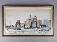 Vintage Framed Detroit Skyline Painting
