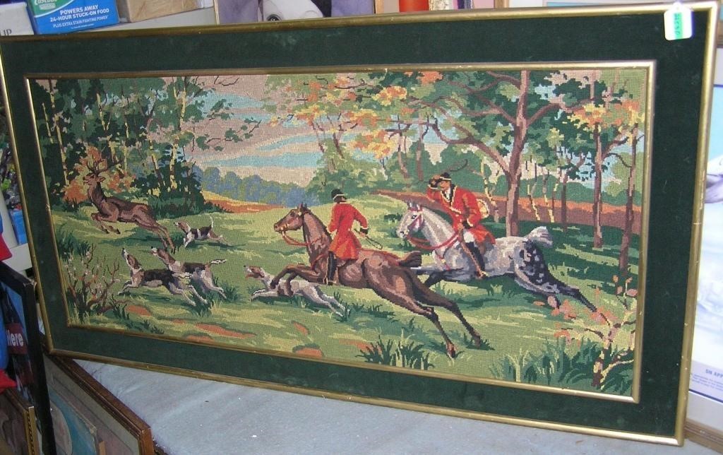 Vintage framed needlepoint fox hunt nwall tapestry
