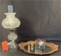 Oil Lamp with Antique Mirror Tray