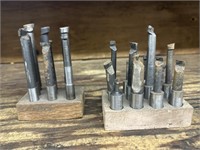 Machinist tools, boring bars in wood bases