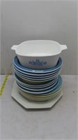 casserole dish, bowls, plates