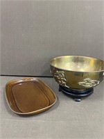 Brass Bowl w/ Stand & Ceramic Tray