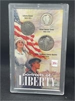 Portraits of liberty silver dime, quarter and