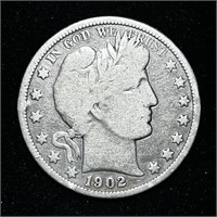 1902-O 90% SILVER BARBER HALF DOLLAR COIN