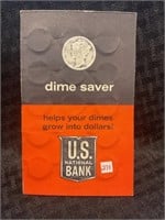 22 Silver dimes in US national Bank dime saver